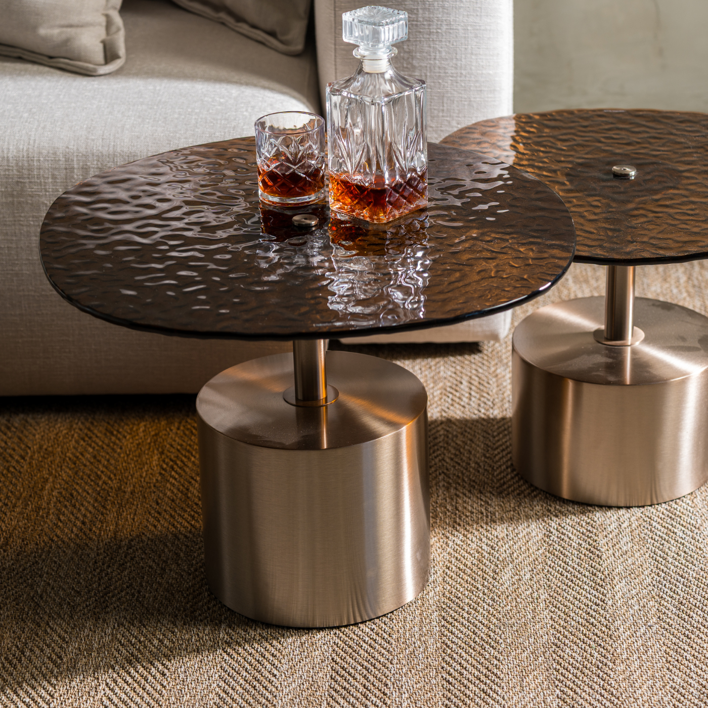 Amber Wave-Glass Pedestal Side Table – 60 cm – styled in a living room
