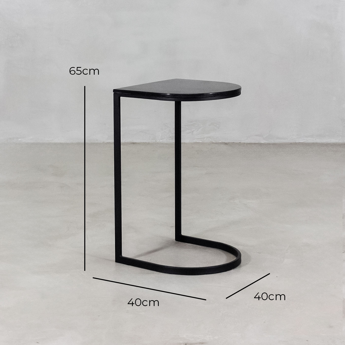 Curved Sofa Side Table – Black – with dimensions marked
