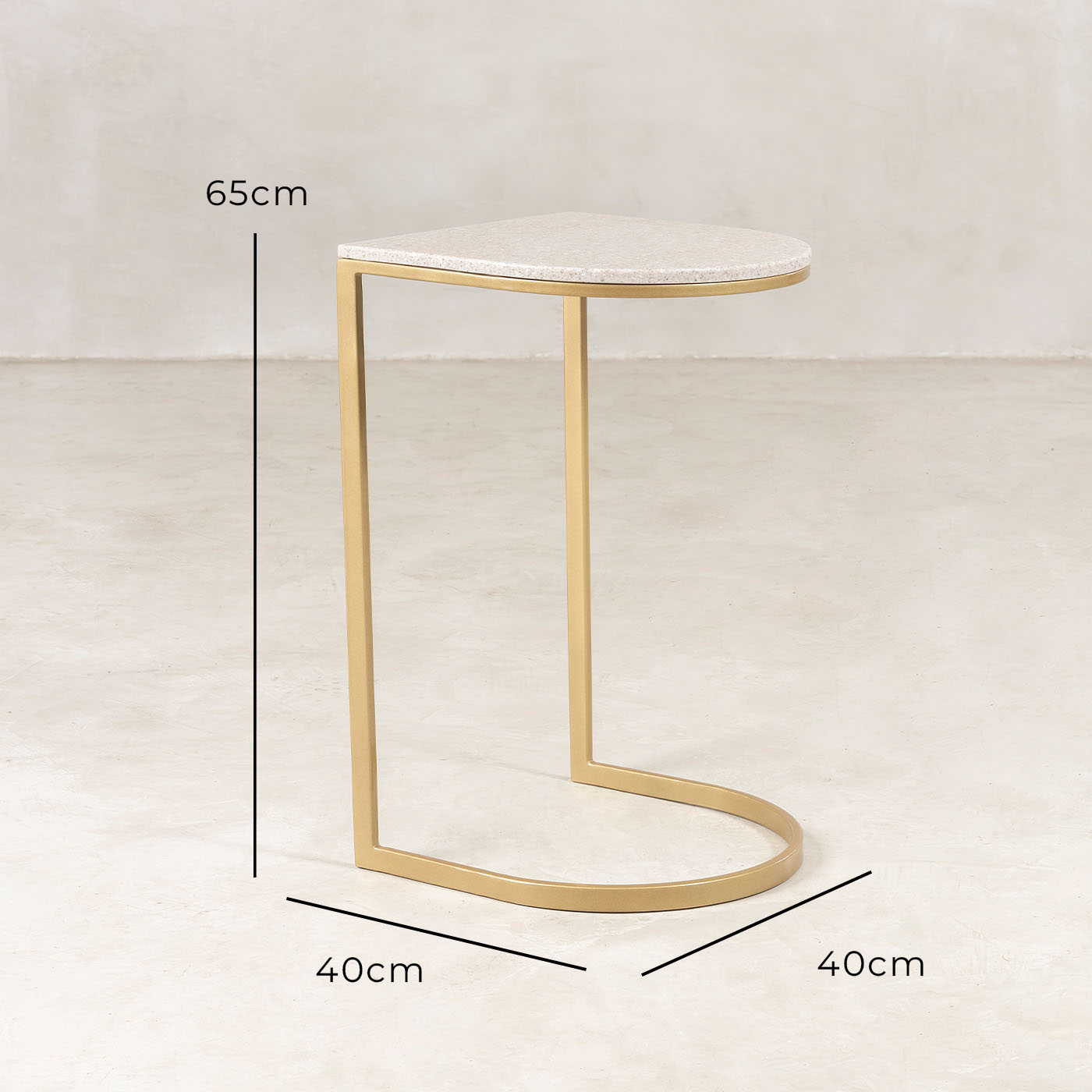 Curved Sofa Side Table – Gold & Latte – with dimensions marked