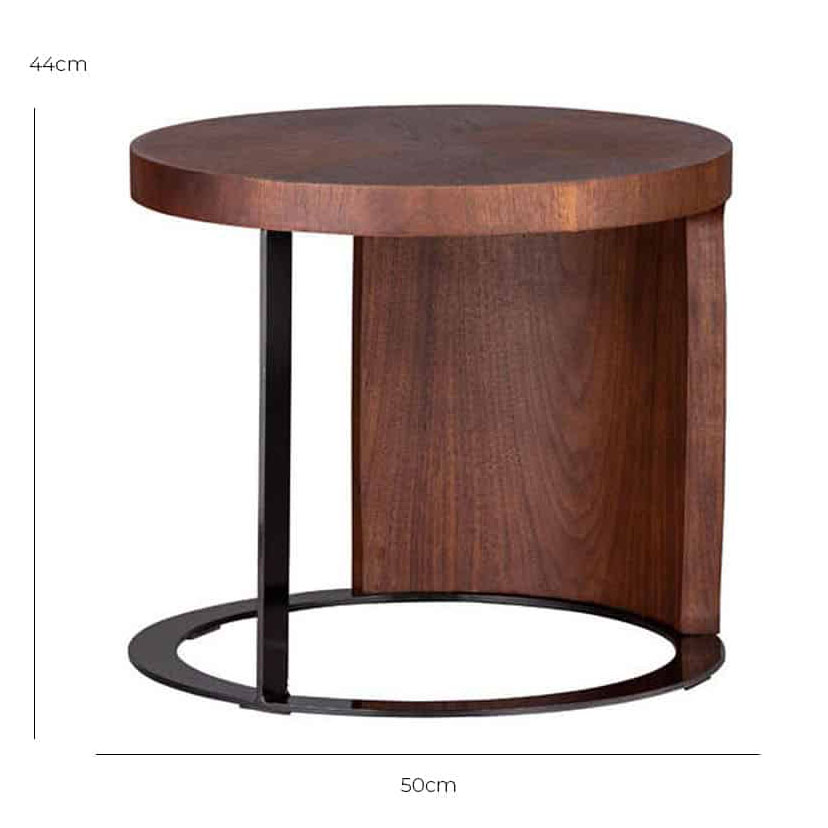 Curved Walnut-Veneer Side Table – with dimensions marked