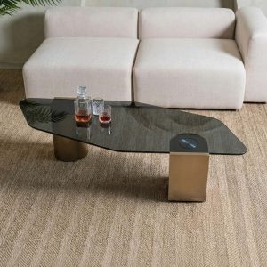 Elongated Grey Glass Coffee Table – styled in a living room