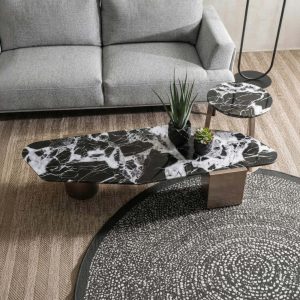 Elongated Marble-Look Coffee Table – Black – styled in a living room