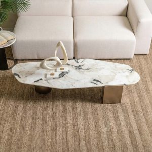 Elongated Marble-Look Coffee Table – Cream & White – styled in a living room