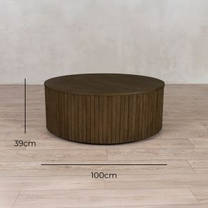 Fluted Oak-Veneer Drum Coffee Table – Coffee – with dimensions marked