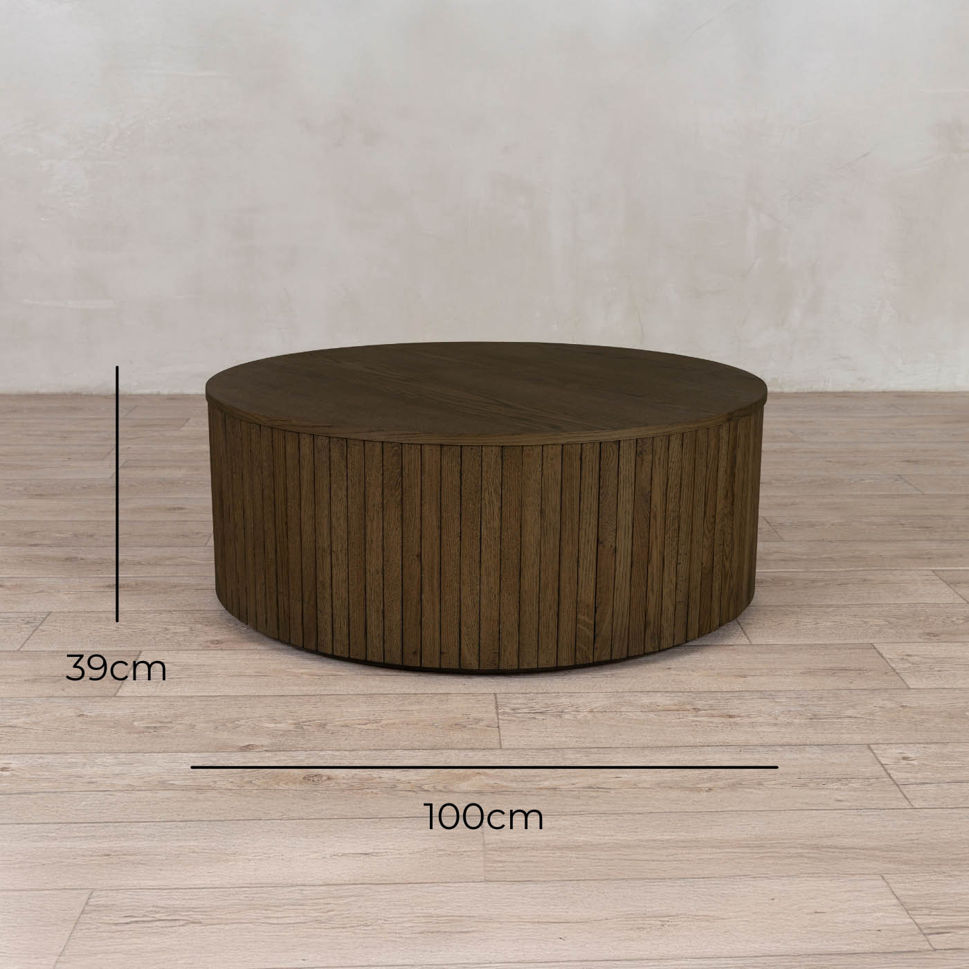 Fluted Oak-Veneer Drum Coffee Table – Coffee – with dimensions marked
