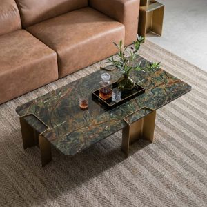 Green Marble-Look Coffee Table with Titanium Gold Base – styled in a living room