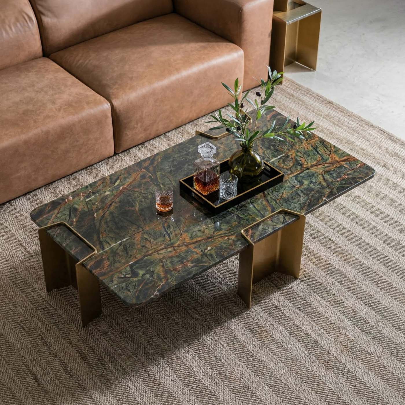 Green Marble-Look Coffee Table with Titanium Gold Base – styled in a living room
