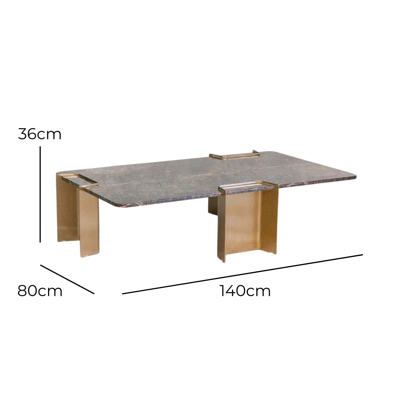 Green Marble-Look Coffee Table with Titanium Gold Base – with dimensions marked