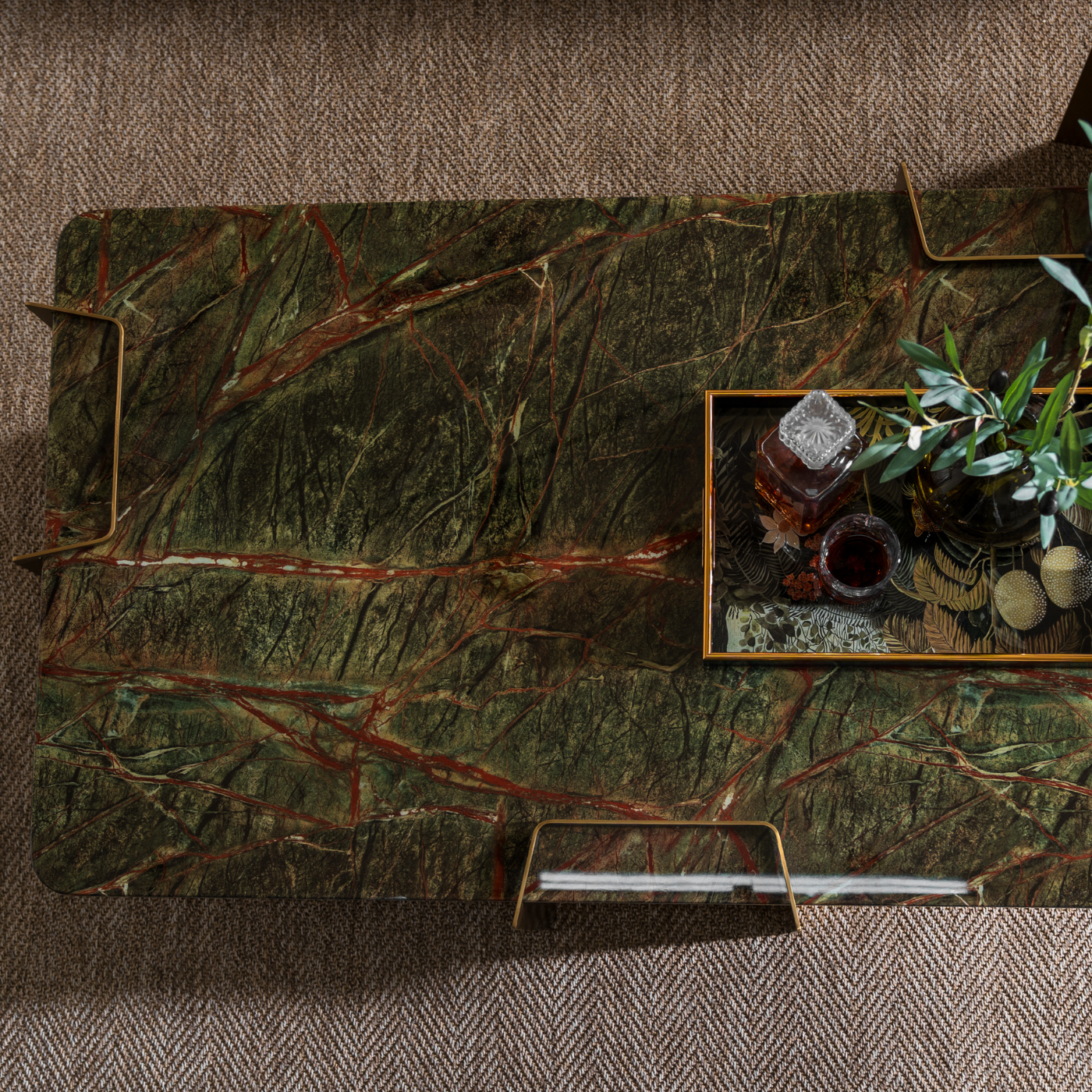 Green Marble-Look Coffee Table with Titanium Gold Base – top view