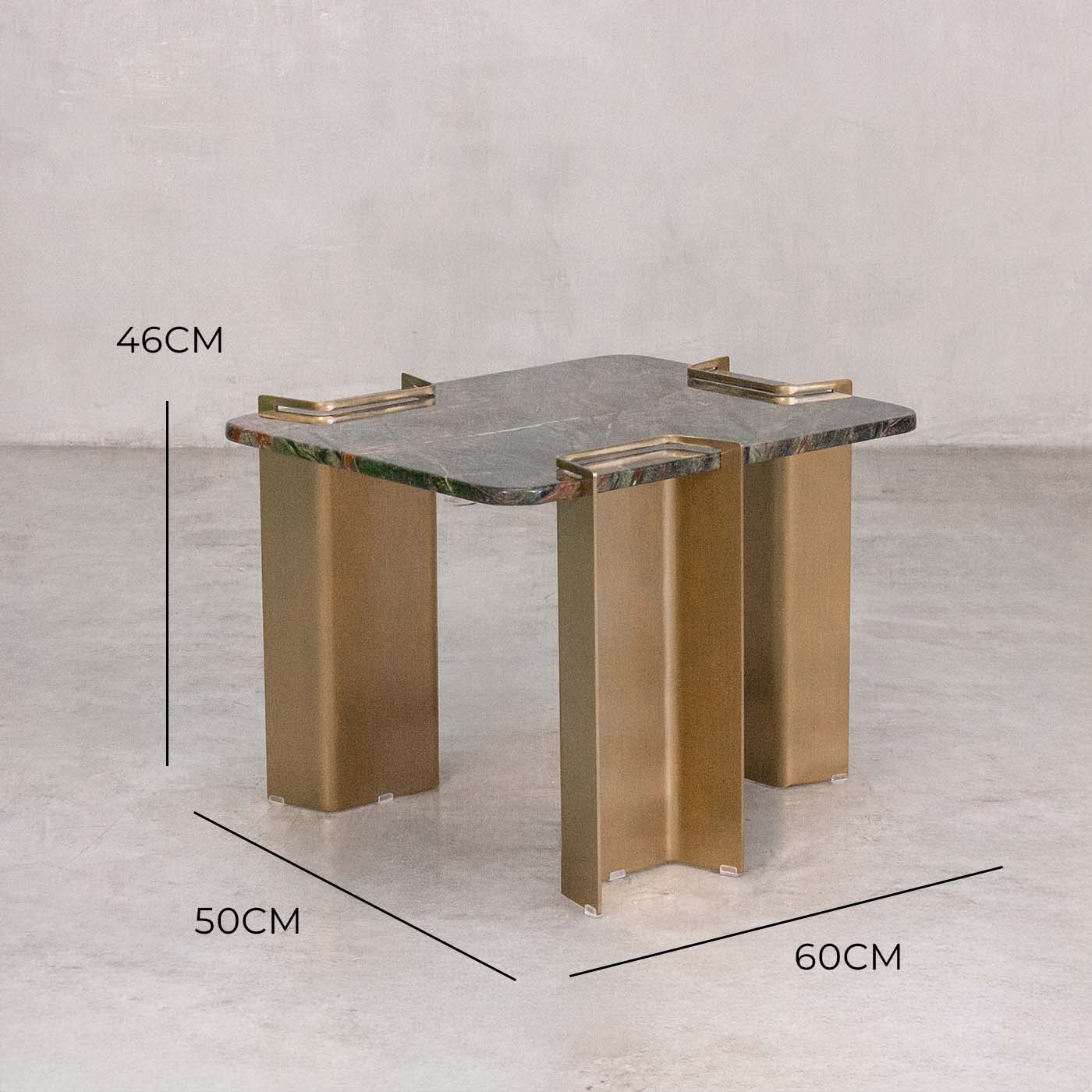 Green Marble-Look Side Table with Titanium Gold Base – with dimensions marked