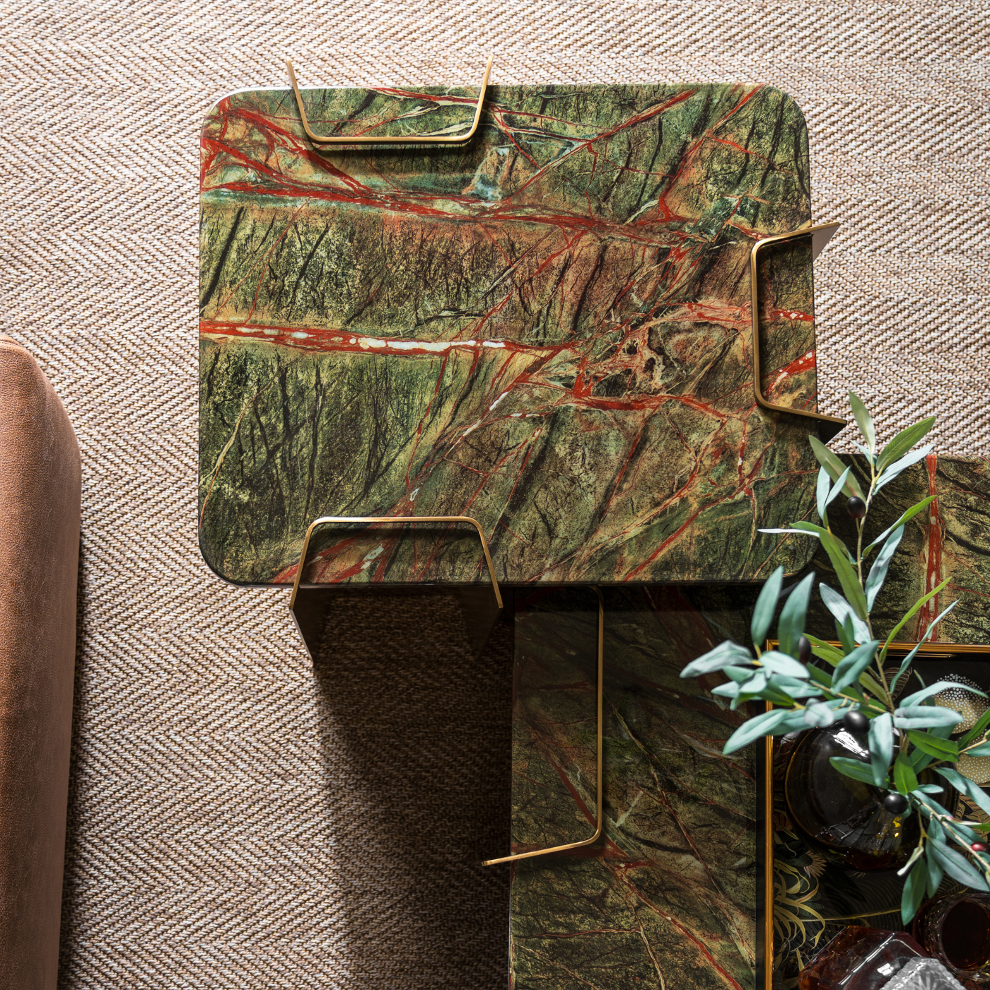 Green Marble-Look Side Table with Titanium Gold Base – top view