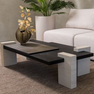 Layered Veneer, Porcelain and Marble Coffee Table – styled in a living room