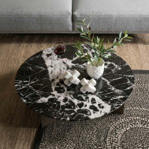 Marble-Look Round Coffee Table with Fin Legs – 95 cm – styled in a living room