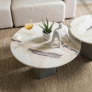 Marble-Look Round Coffee Table with Two-Tone Base – 85 cm – styled in a living room