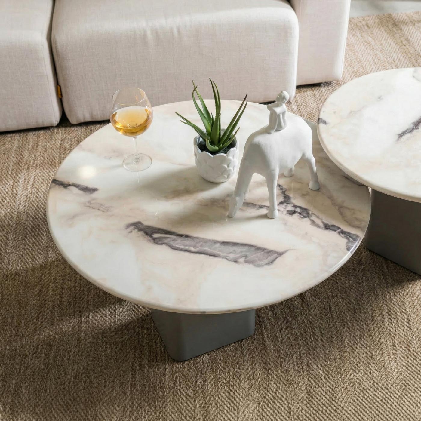 Marble-Look Round Coffee Table with Two-Tone Base – 85 cm – styled in a living room
