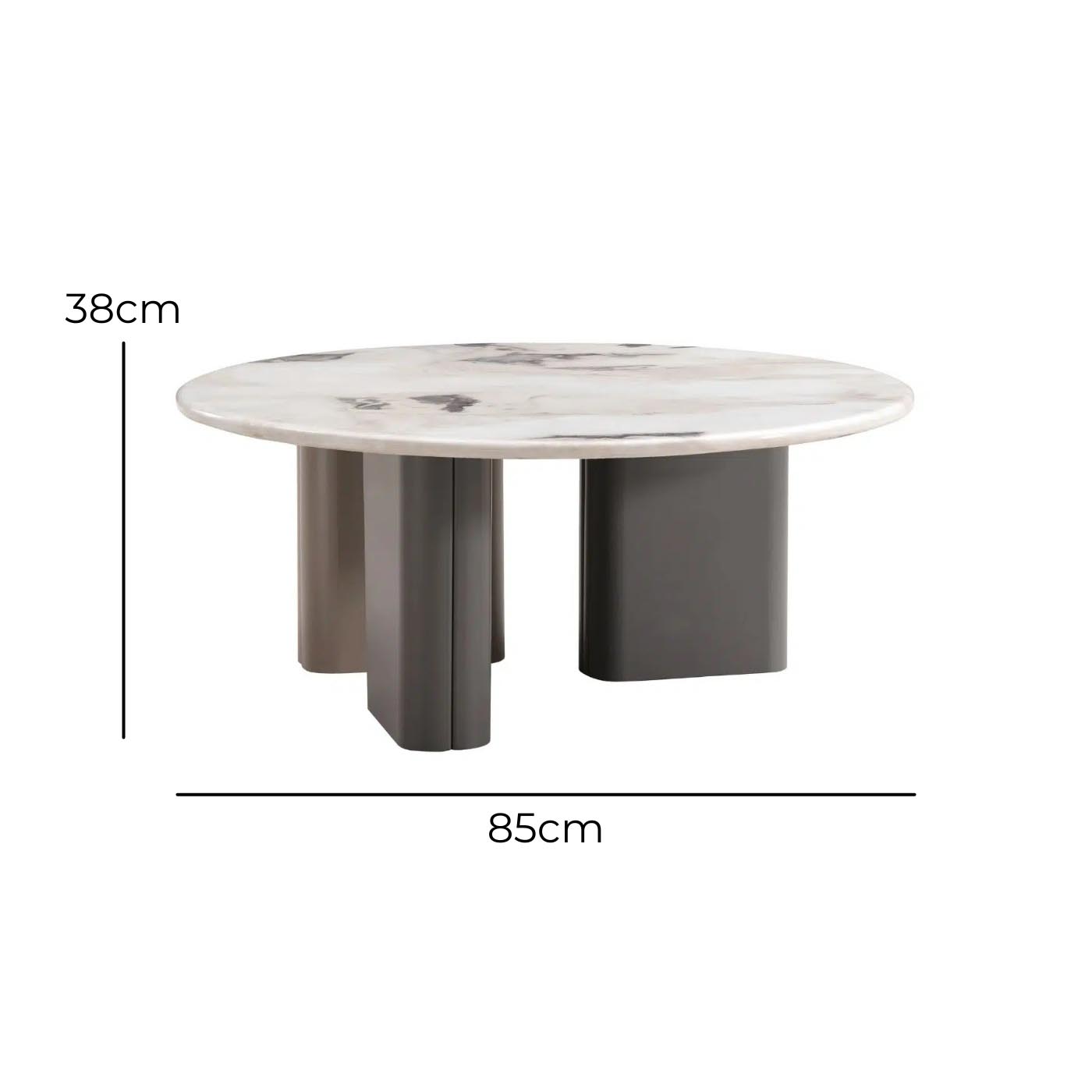 Marble-Look Round Coffee Table with Two-Tone Base – 85 cm – with dimensions marked