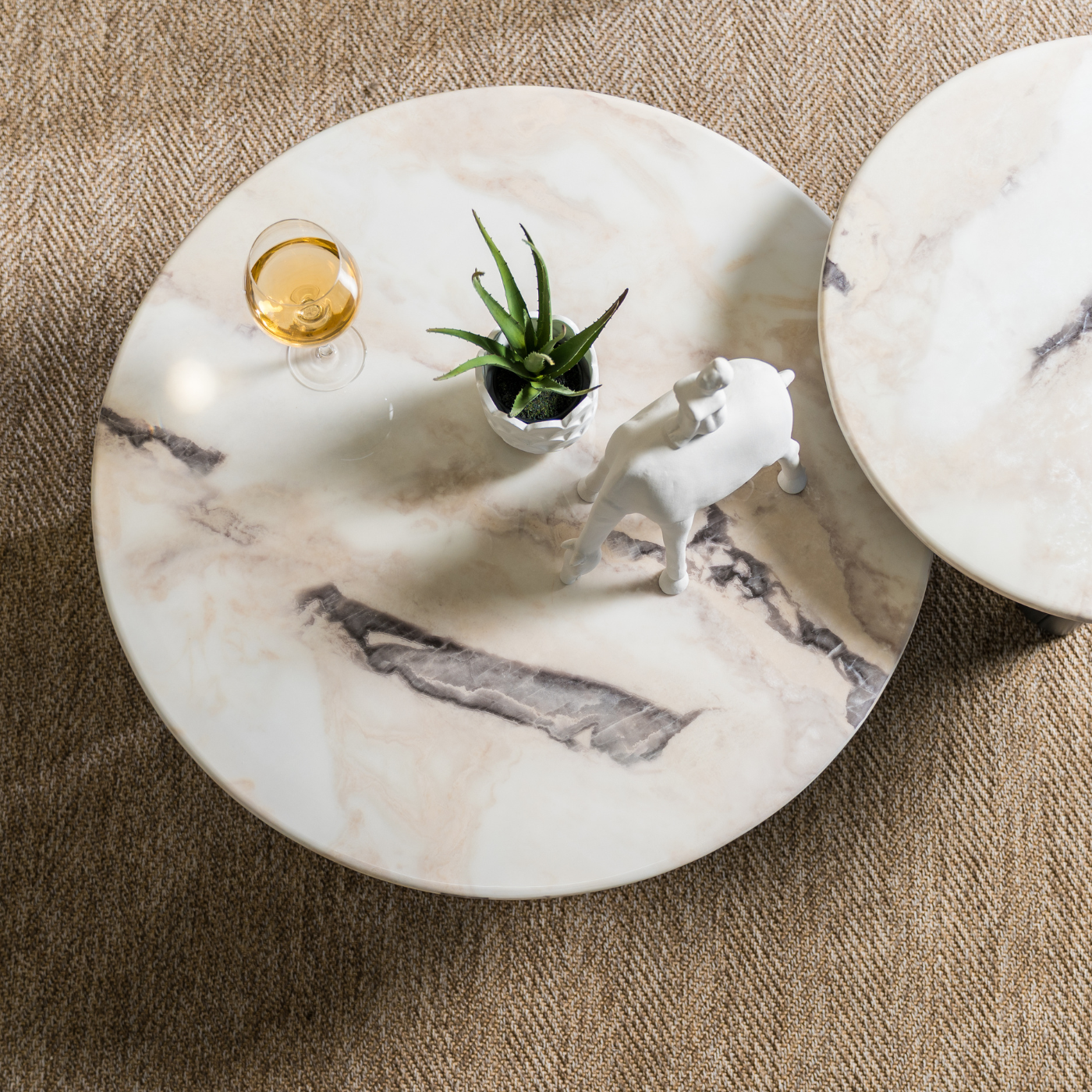 Marble-Look Round Coffee Table with Two-Tone Base – 85 cm – top view