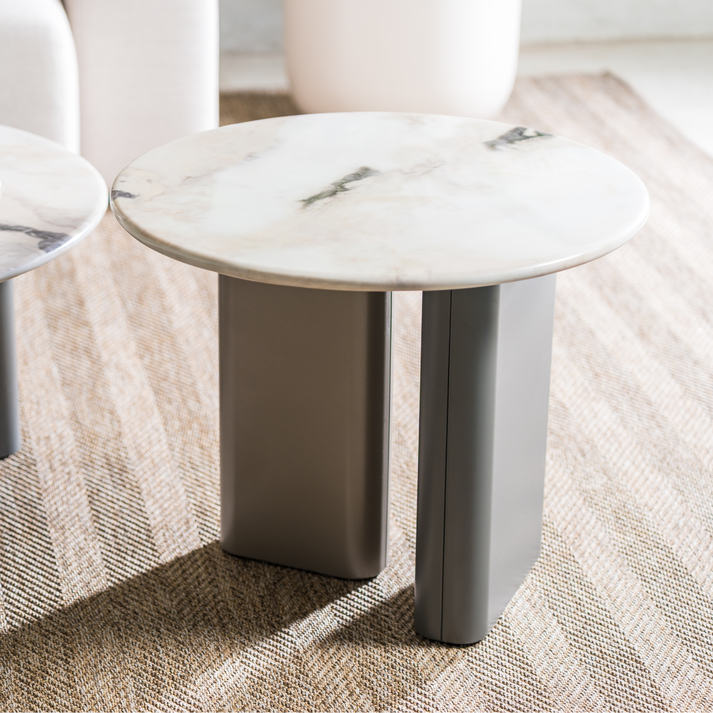 Marble-Look Round Side Table with Two-Tone Base – 60 cm – styled in a living room
