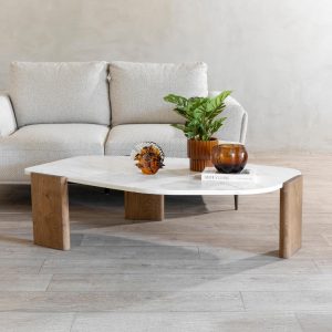 Organic-Edge Quartz Coffee Table – Natural Oak Base – styled in a living room