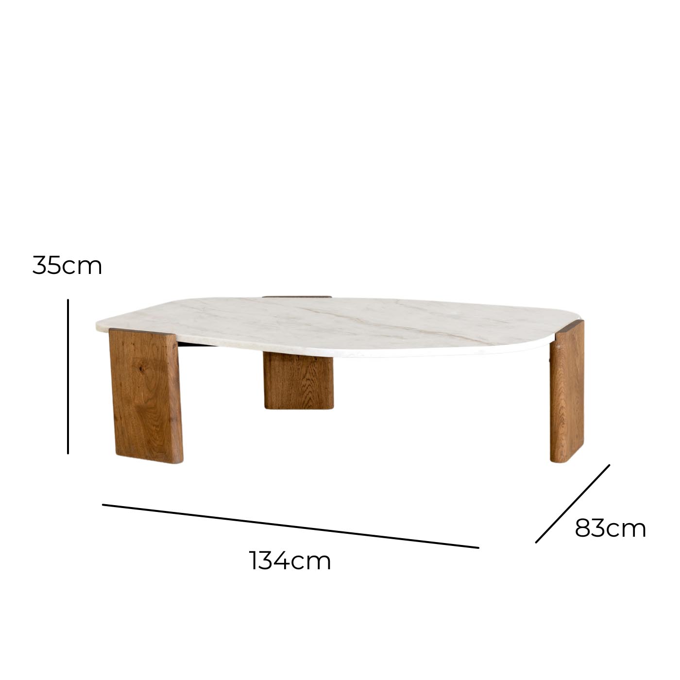 Organic-Edge Quartz Coffee Table – Natural Oak Base – with dimensions marked