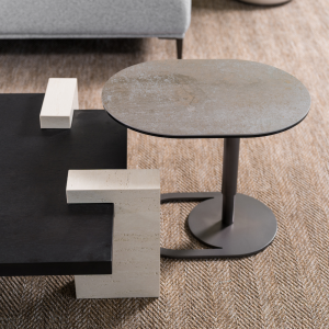 Oval Porcelain and Glass Side Table with Gold Base – styled in a living room