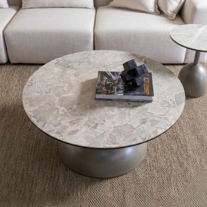 Porcelain and Glass Round Dome-Base Coffee Table – 90 cm – styled in a living room