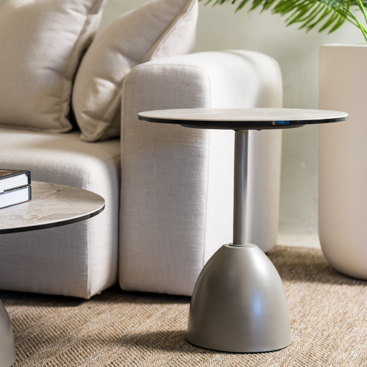 Porcelain and Glass Round Pedestal Side Table – 48 cm – styled in a living room