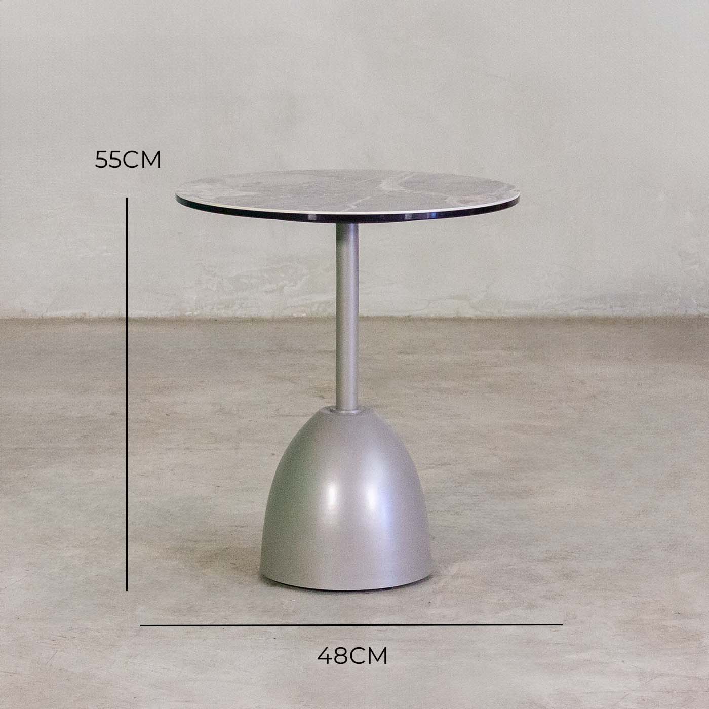 Porcelain and Glass Round Pedestal Side Table – 48 cm – with dimensions marked