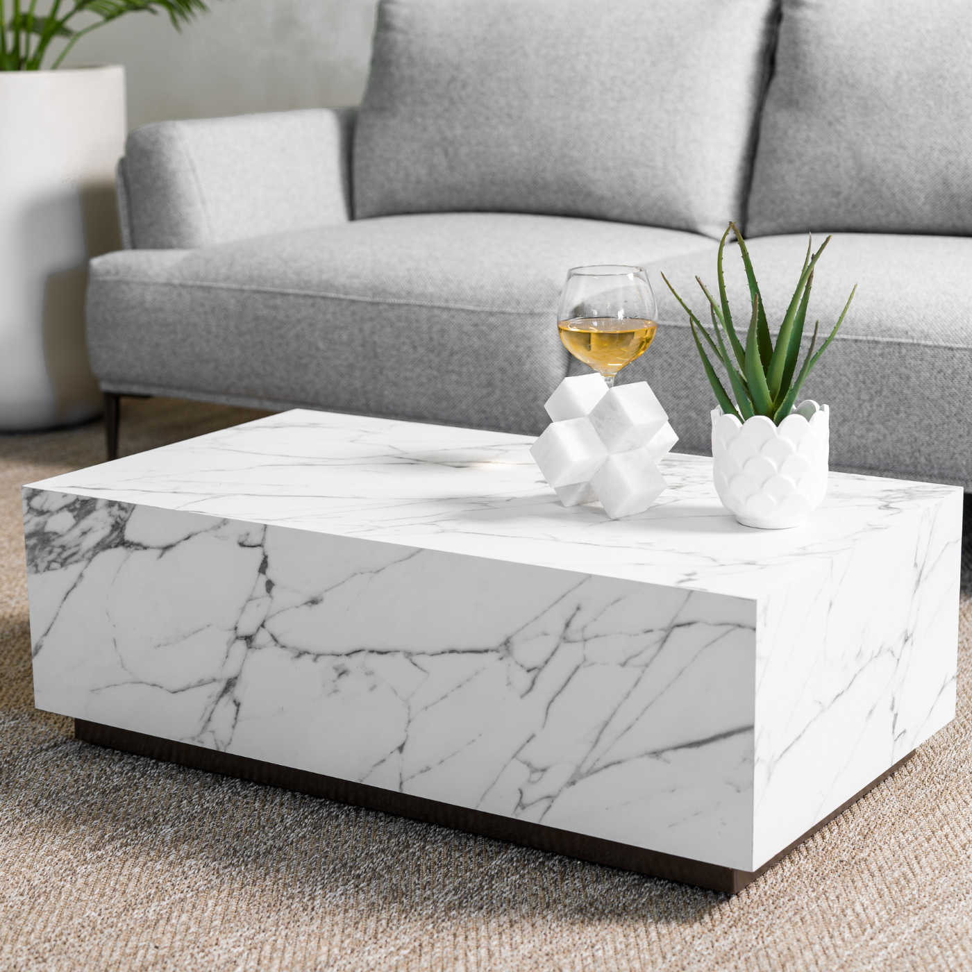 Porcelain Block Coffee Table on Castors – styled in a living room