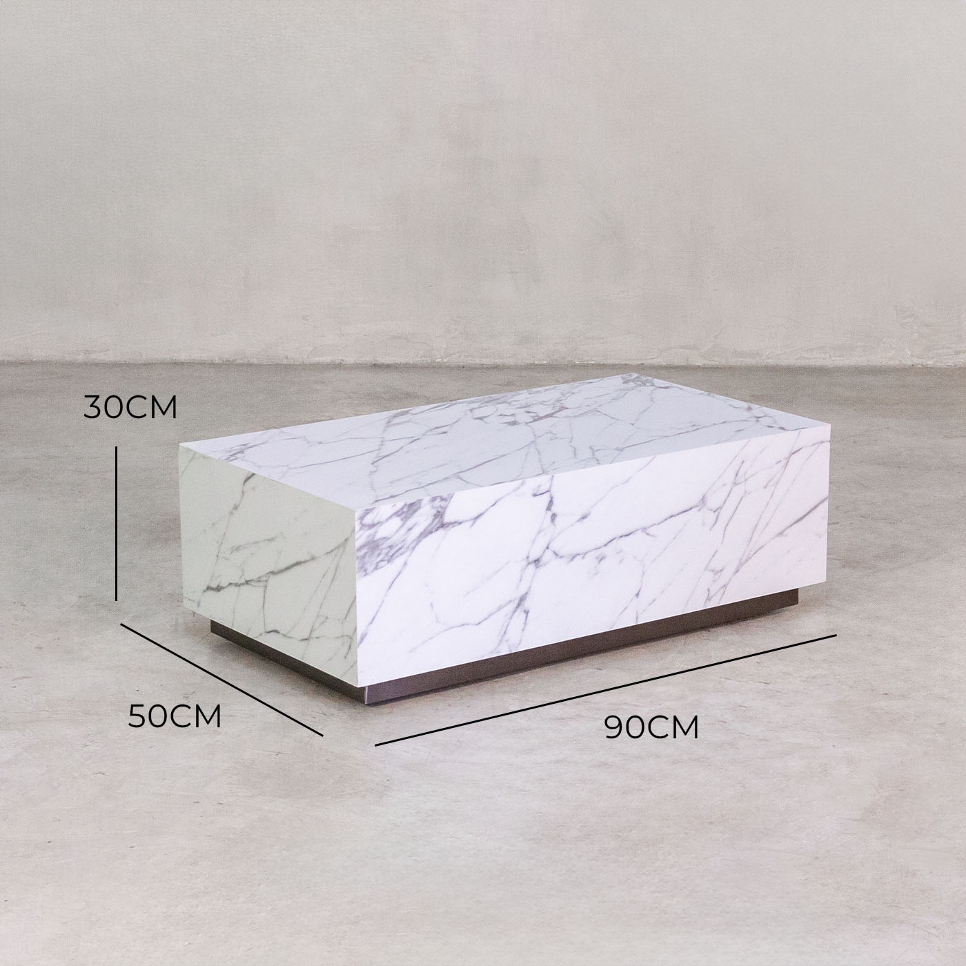 Porcelain Block Coffee Table on Castors – with dimensions marked