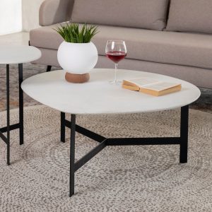 Round Stone-Top Coffee Table with Black Steel Legs – main view
