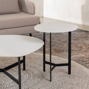 Round Stone-Top Side Table with Black Steel Legs – main view