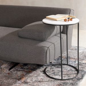 Round Stone-Top Sofa Side Table – Black & White – main view