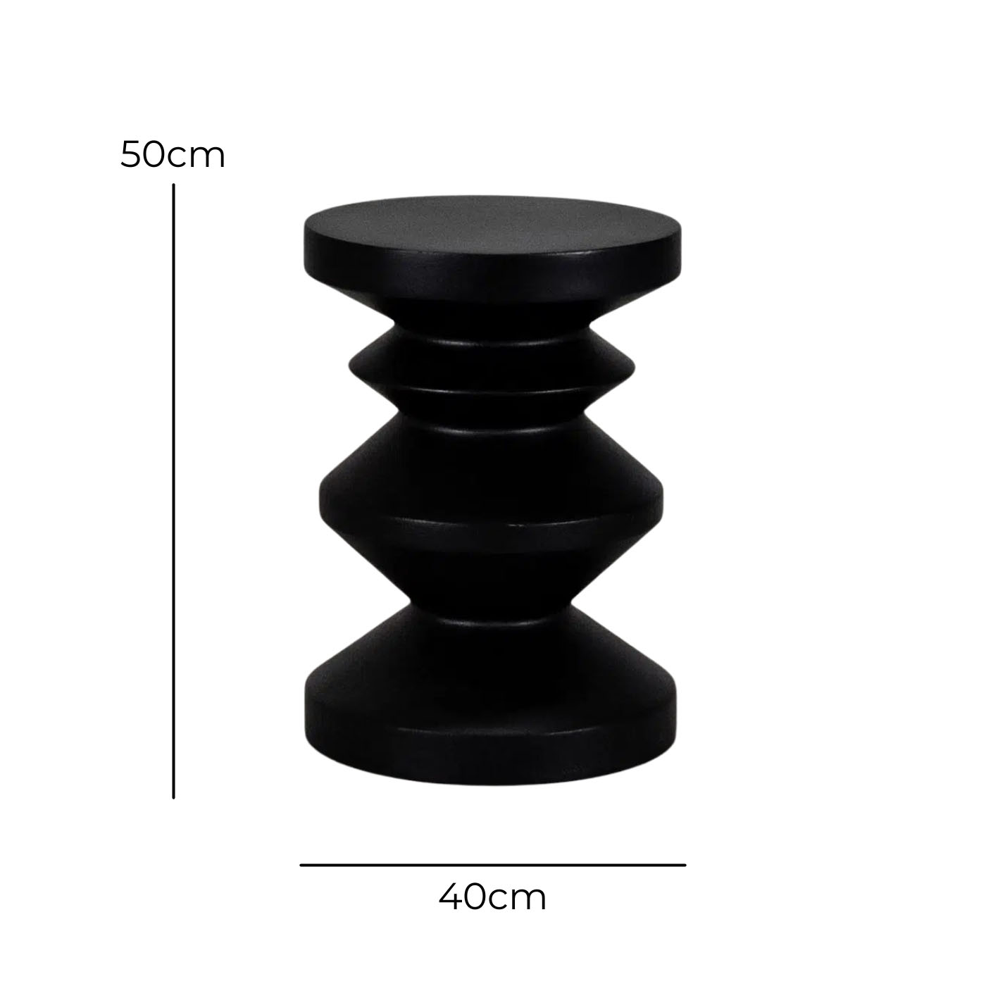Sculpted Pillar Side Table – Black – with dimensions marked
