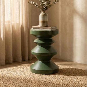 Sculpted Pillar Side Table – Moss Green – styled in a living room