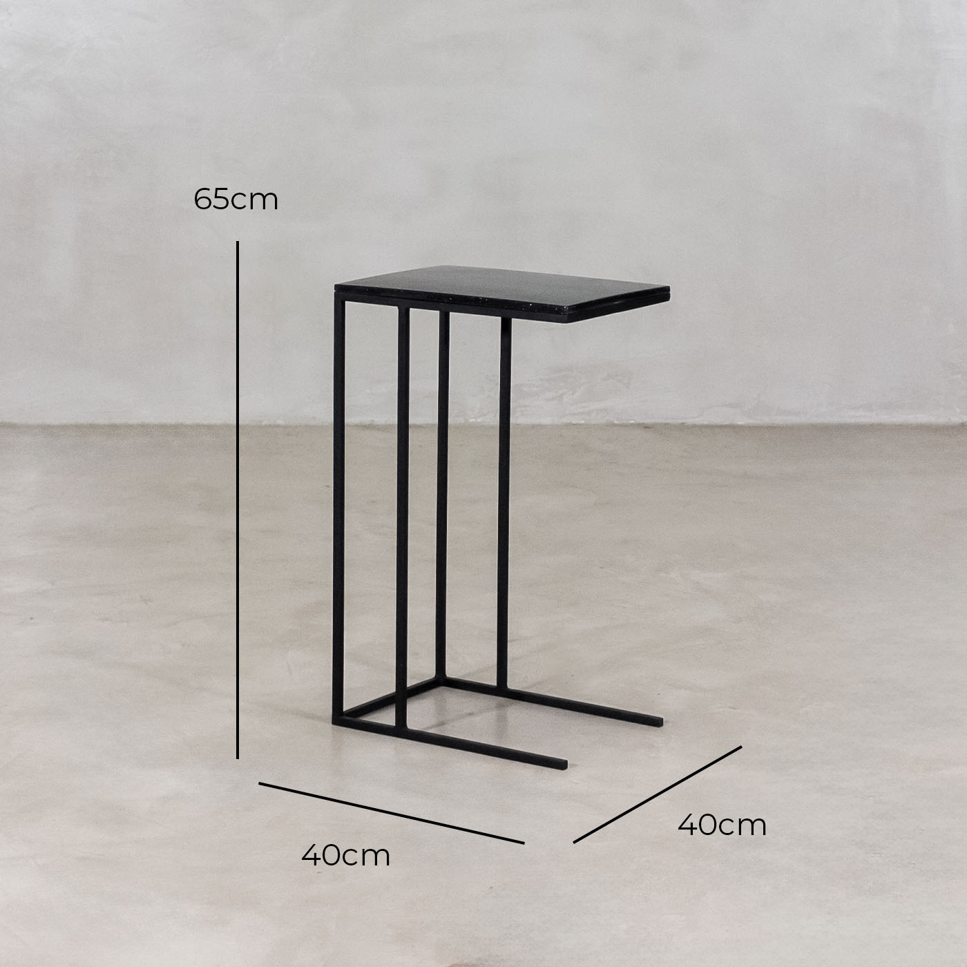 Square Sofa Side Table – Black & Galaxy – with dimensions marked