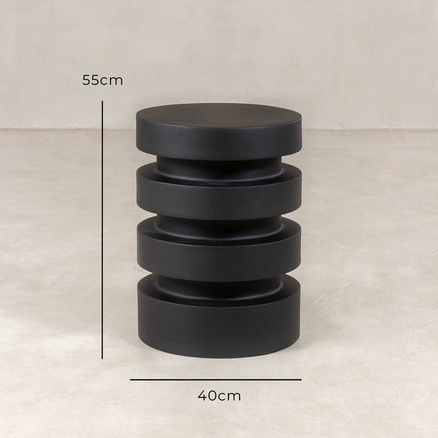 Stacked Ring Side Table – Black – with dimensions marked