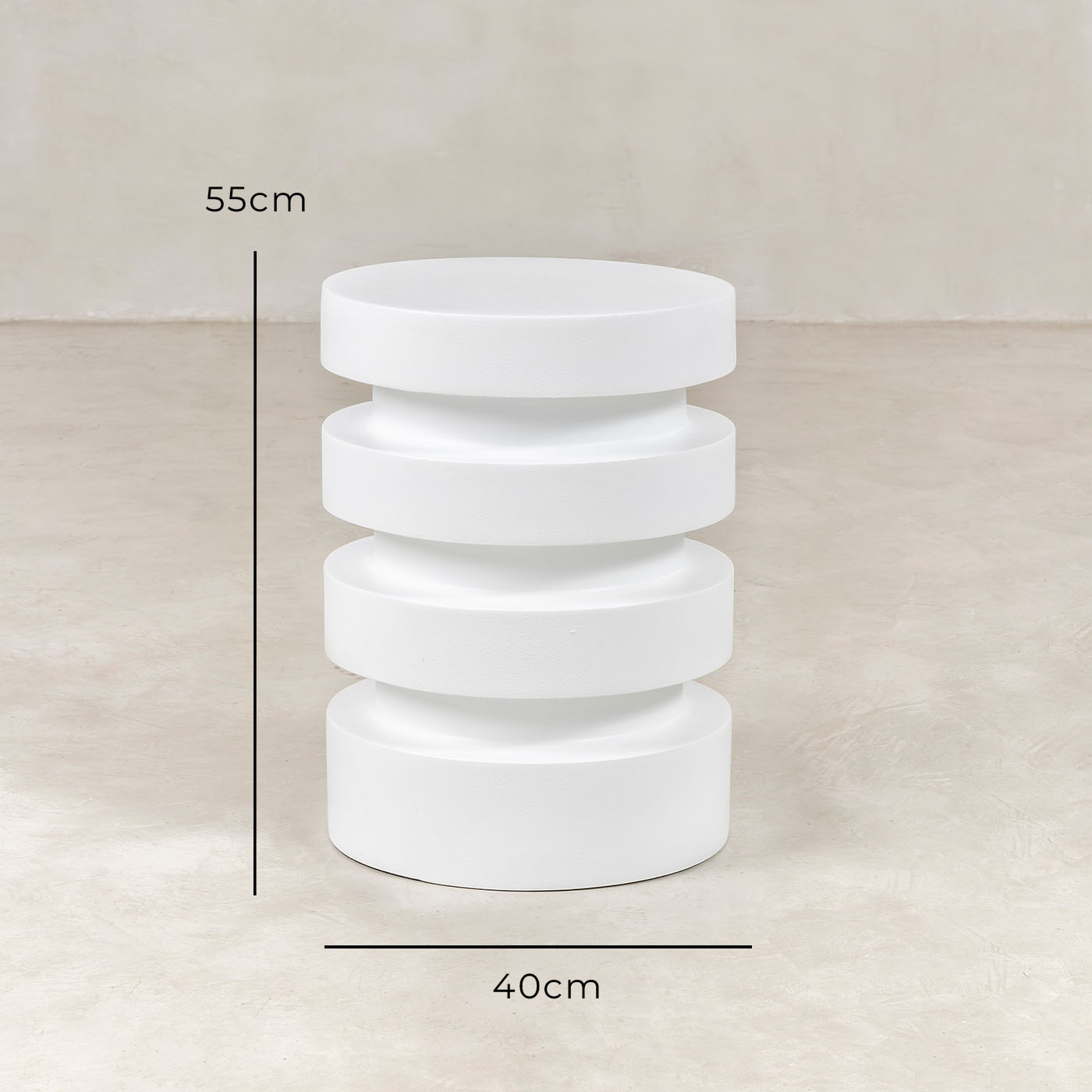 Stacked Ring Side Table – White – with dimensions marked